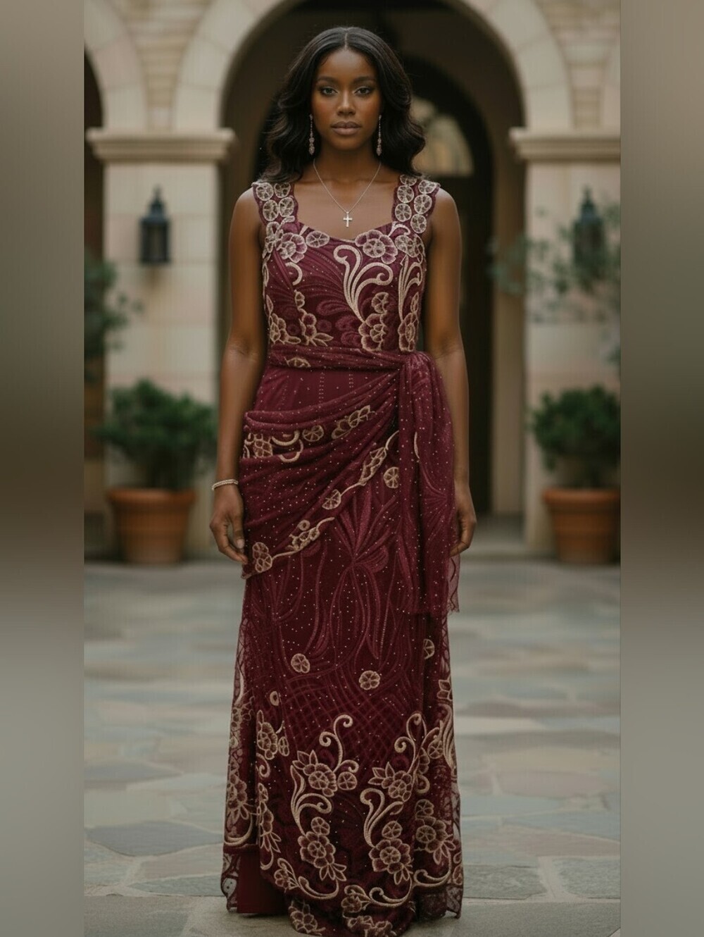 Custom Burgundy Gold Embroidered Beaded Formal Maxi Dress
